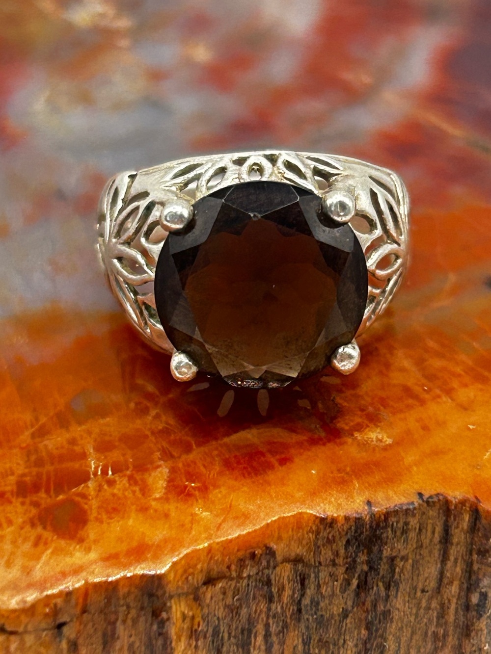 Sterling Silver Smokey Quartz Floral Ring - Size 6